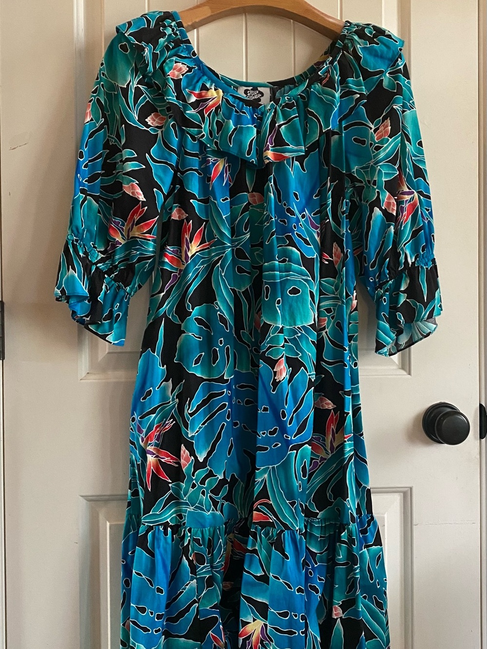 Hilo Hattie Teal and Black Tropical Maxi Dress